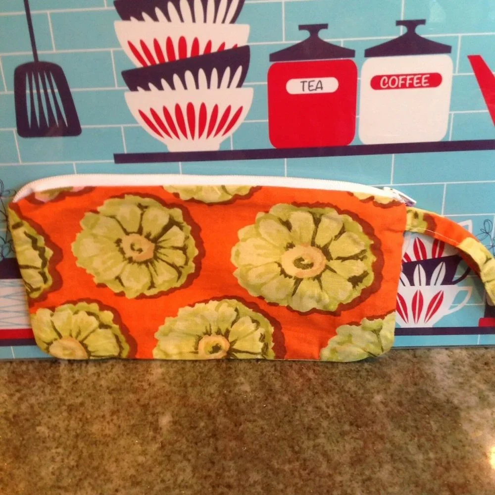 Orange Yellow Floral Wristlet Purse Zip Makeup Bag Clutch Pouch Retro Handmade